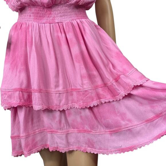 Pastel Pink Crochet Lace Tiered Ruffle Flutter Sleeve Dress SZ XS - Picture 4 of 10